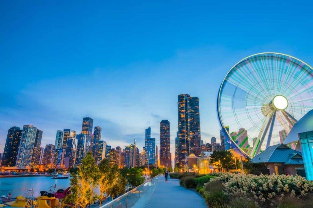 Chicago skyline at dusk. Guide to Chicago