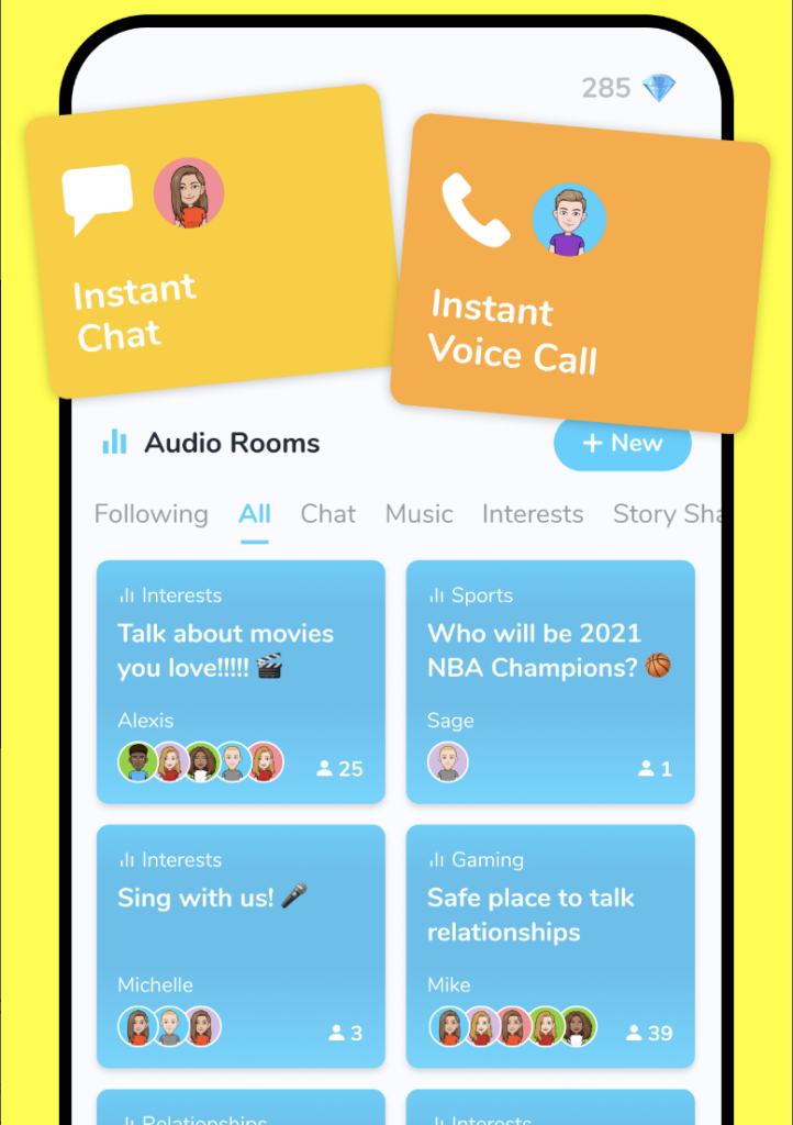 Photo shows the LMK app interface which demonstrates different audio calls a user can join.