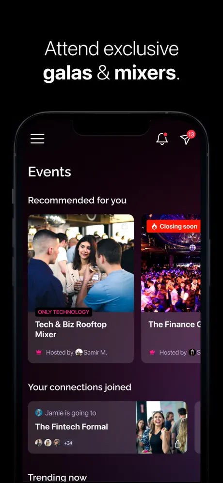 Photo reads "attend exclusive galas & mixers" on top of a screenshot of the Clockout app.