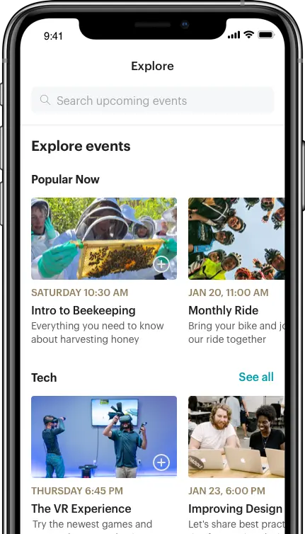 Photo shows the Meetup app interface which reads "Explore events" and shows upcoming events separated by category.